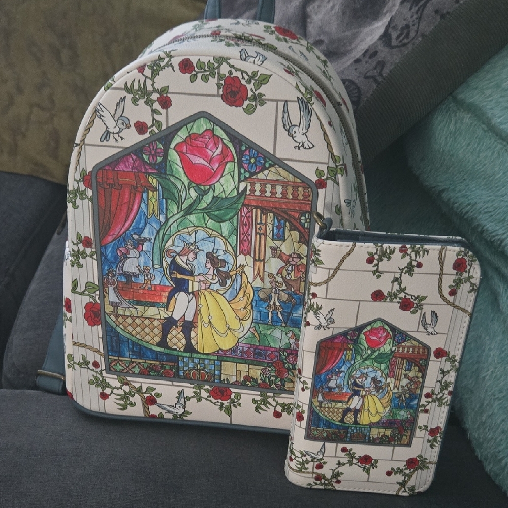 Loungefly Beauty and the Beast Stained Glass Backpack and Wallet Set